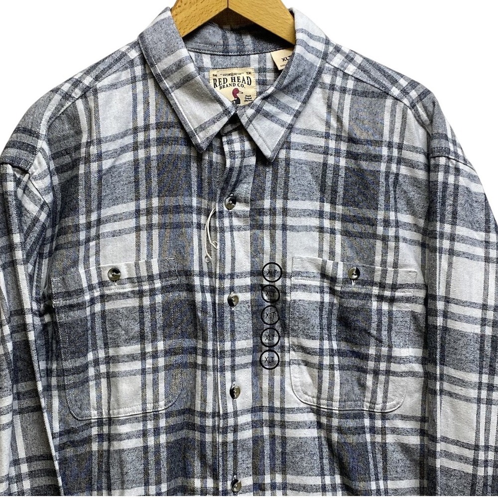 Red Head‎ Plaid Flannel Long Sleeve Button Down Shirt Mens XLT Tall Gray / White